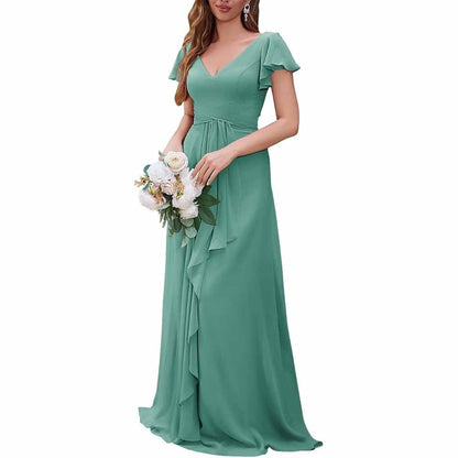 Women Chiffon Bridesmaid Dresses Short Sleeve Long Prom Dress V Neck Evening Gown