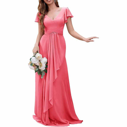 Women Chiffon Bridesmaid Dresses Short Sleeve Long Prom Dress V Neck Evening Gown