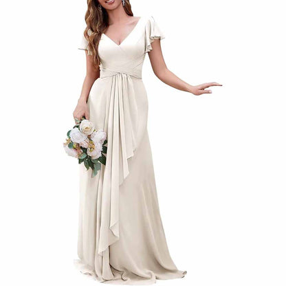 Women Chiffon Bridesmaid Dresses Short Sleeve Long Prom Dress V Neck Evening Gown
