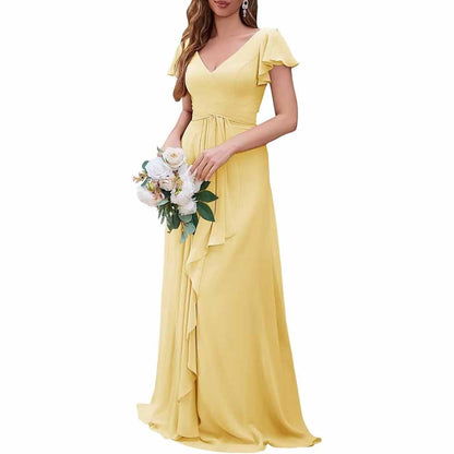 Women Chiffon Bridesmaid Dresses Short Sleeve Long Prom Dress V Neck Evening Gown