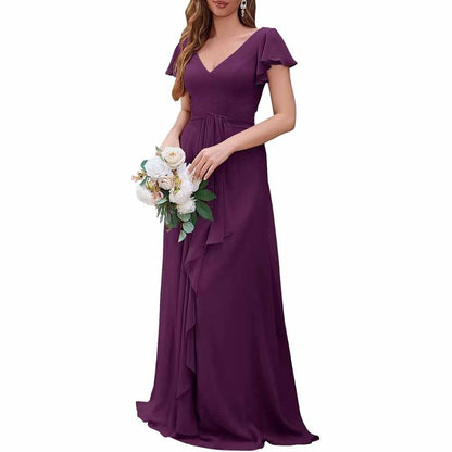 Women Chiffon Bridesmaid Dresses Short Sleeve Long Prom Dress V Neck Evening Gown