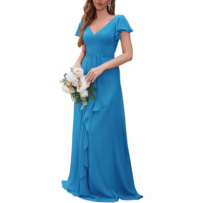 Women Chiffon Bridesmaid Dresses Short Sleeve Long Prom Dress V Neck Evening Gown