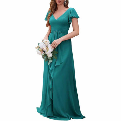 Women Chiffon Bridesmaid Dresses Short Sleeve Long Prom Dress V Neck Evening Gown