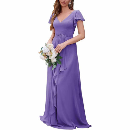 Women Chiffon Bridesmaid Dresses Short Sleeve Long Prom Dress V Neck Evening Gown