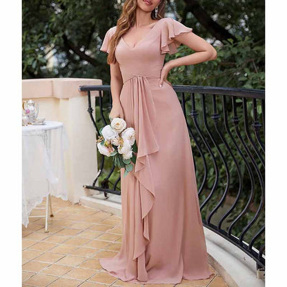 Women Chiffon Bridesmaid Dresses Short Sleeve Long Prom Dress V Neck Evening Gown