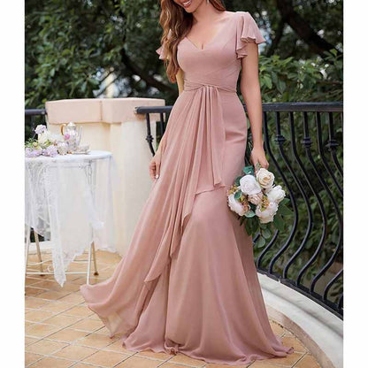 Women Chiffon Bridesmaid Dresses Short Sleeve Long Prom Dress V Neck Evening Gown