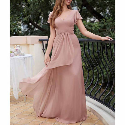 Women Chiffon Bridesmaid Dresses Short Sleeve Long Prom Dress V Neck Evening Gown