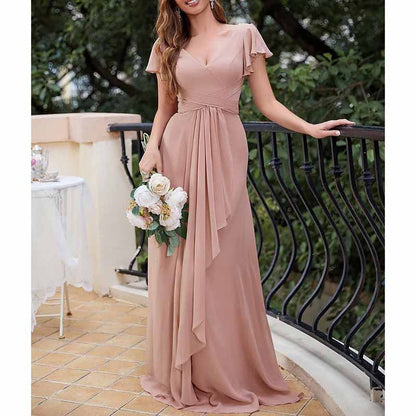 Women Chiffon Bridesmaid Dresses Short Sleeve Long Prom Dress V Neck Evening Gown