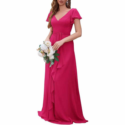 Women Chiffon Bridesmaid Dresses Short Sleeve Long Prom Dress V Neck Evening Gown