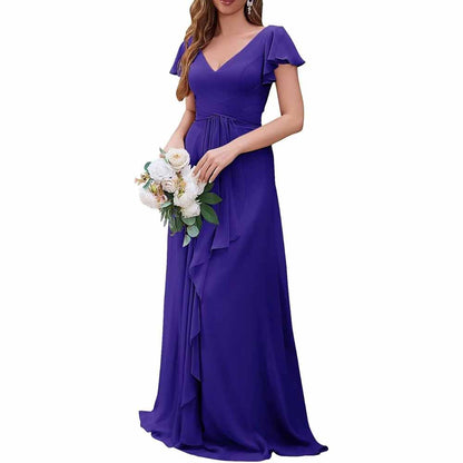 Women Chiffon Bridesmaid Dresses Short Sleeve Long Prom Dress V Neck Evening Gown