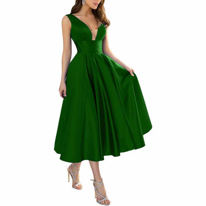 Women's Satin Bridesmaid Dresses A-line Tea Length Formal Evening Dress with Pockets