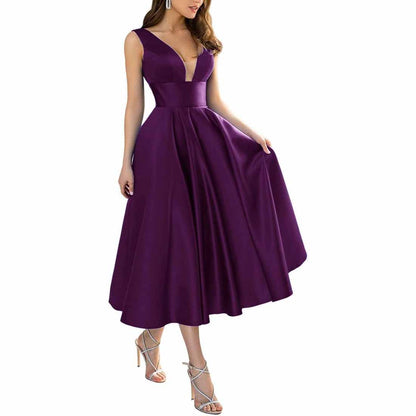 Women's Satin Bridesmaid Dresses A-line Tea Length Formal Evening Dress with Pockets