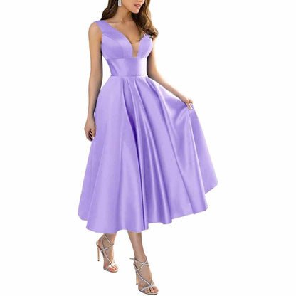 Women's Satin Bridesmaid Dresses A-line Tea Length Formal Evening Dress with Pockets