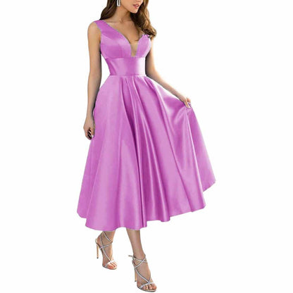 Women's Satin Bridesmaid Dresses A-line Tea Length Formal Evening Dress with Pockets