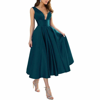 Women's Satin Bridesmaid Dresses A-line Tea Length Formal Evening Dress with Pockets