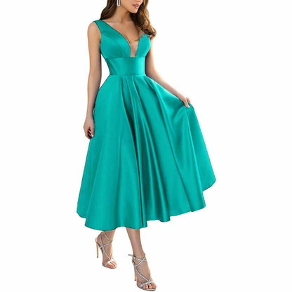 Women's Satin Bridesmaid Dresses A-line Tea Length Formal Evening Dress with Pockets