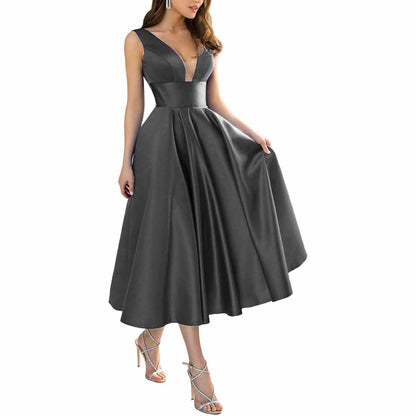 Women's Satin Bridesmaid Dresses A-line Tea Length Formal Evening Dress with Pockets