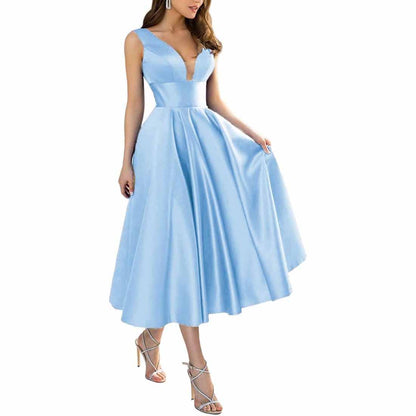 Women's Satin Bridesmaid Dresses A-line Tea Length Formal Evening Dress with Pockets