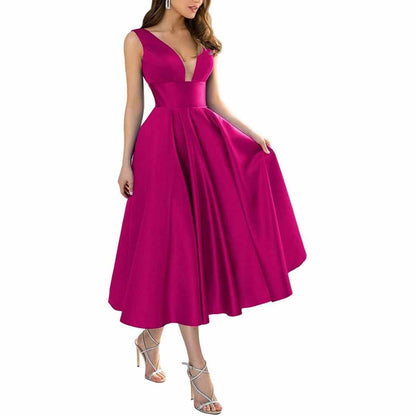 Women's Satin Bridesmaid Dresses A-line Tea Length Formal Evening Dress with Pockets