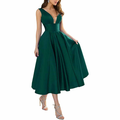 Women's Satin Bridesmaid Dresses A-line Tea Length Formal Evening Dress with Pockets