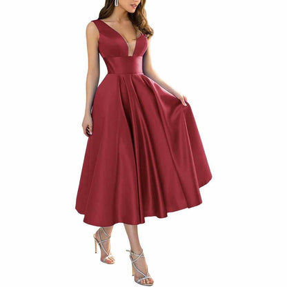Women's Satin Bridesmaid Dresses A-line Tea Length Formal Evening Dress with Pockets