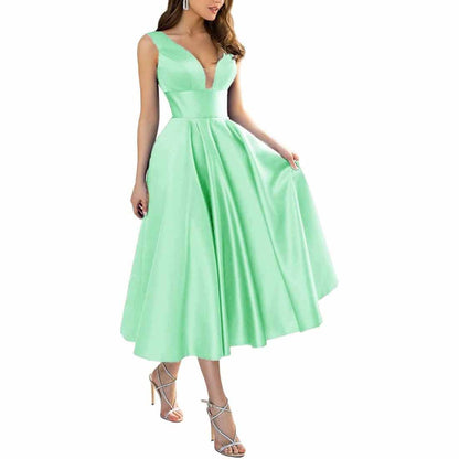 Women's Satin Bridesmaid Dresses A-line Tea Length Formal Evening Dress with Pockets