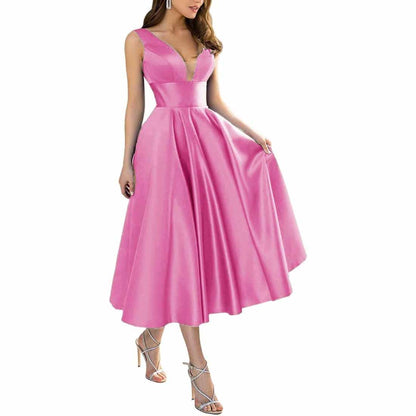 Women's Satin Bridesmaid Dresses A-line Tea Length Formal Evening Dress with Pockets