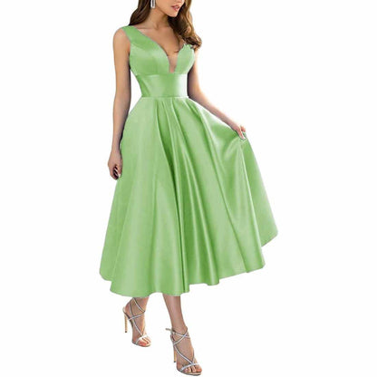 Women's Satin Bridesmaid Dresses A-line Tea Length Formal Evening Dress with Pockets