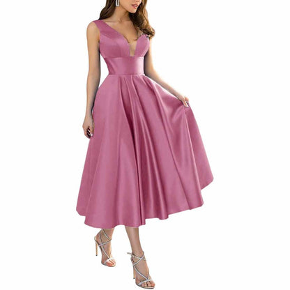 Women's Satin Bridesmaid Dresses A-line Tea Length Formal Evening Dress with Pockets