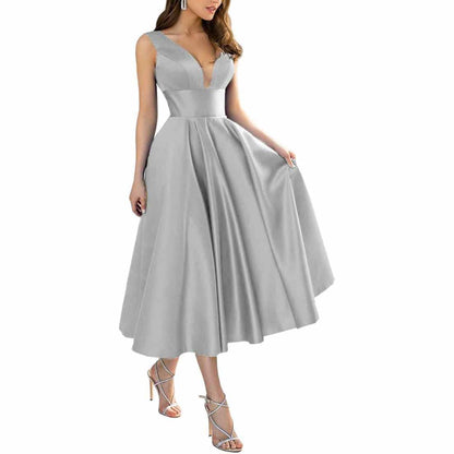 Women's Satin Bridesmaid Dresses A-line Tea Length Formal Evening Dress with Pockets