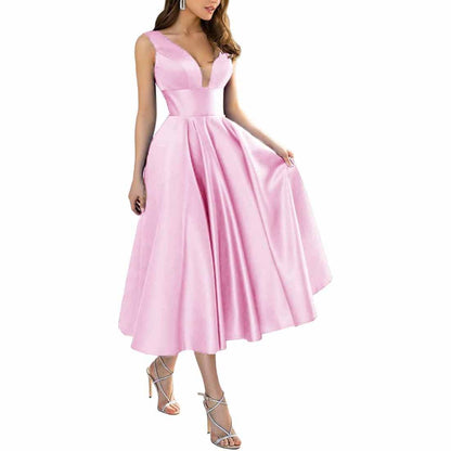 Women's Satin Bridesmaid Dresses A-line Tea Length Formal Evening Dress with Pockets