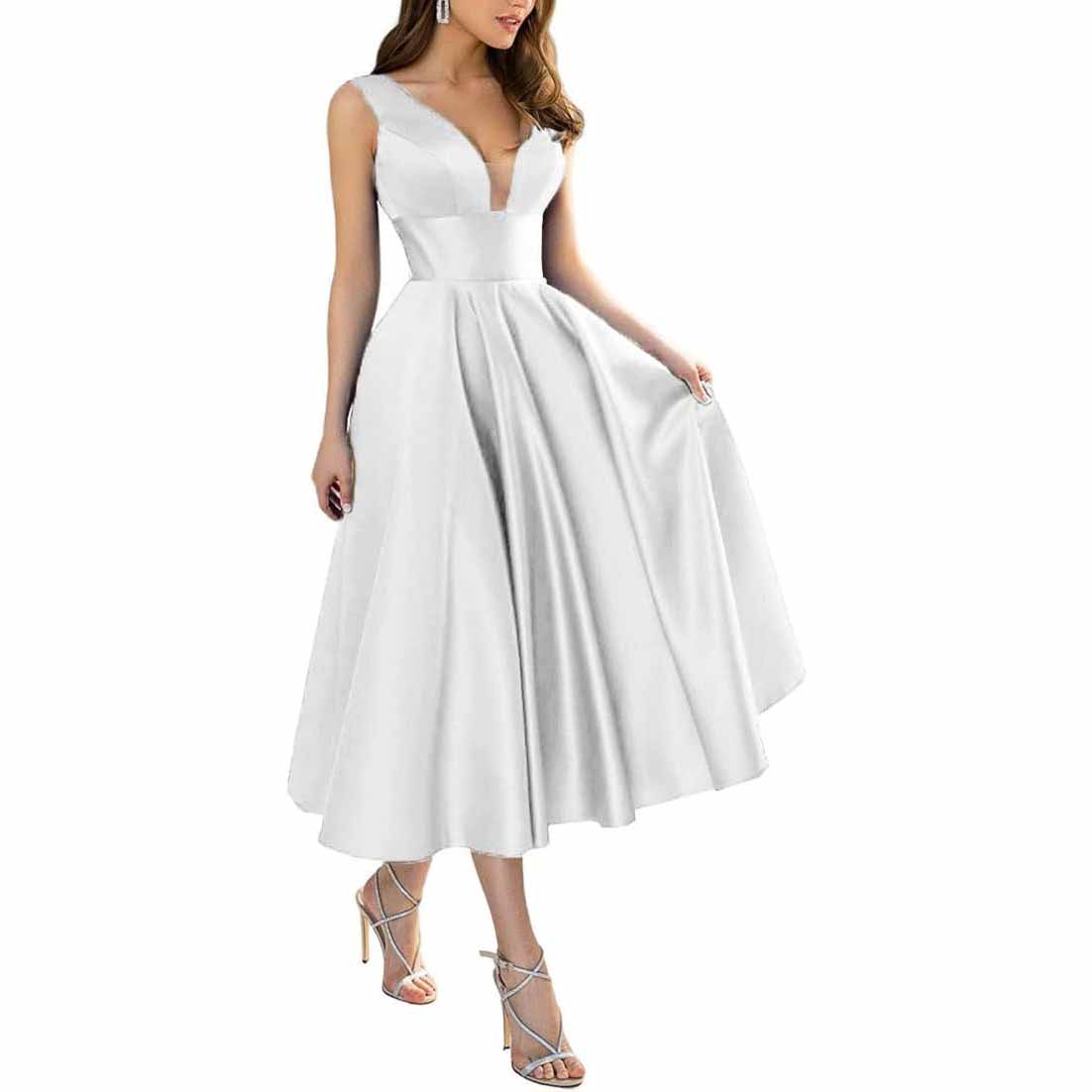 Women's Satin Bridesmaid Dresses A-line Tea Length Formal Evening Dress with Pockets