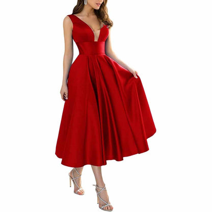 Women's Satin Bridesmaid Dresses A-line Tea Length Formal Evening Dress with Pockets