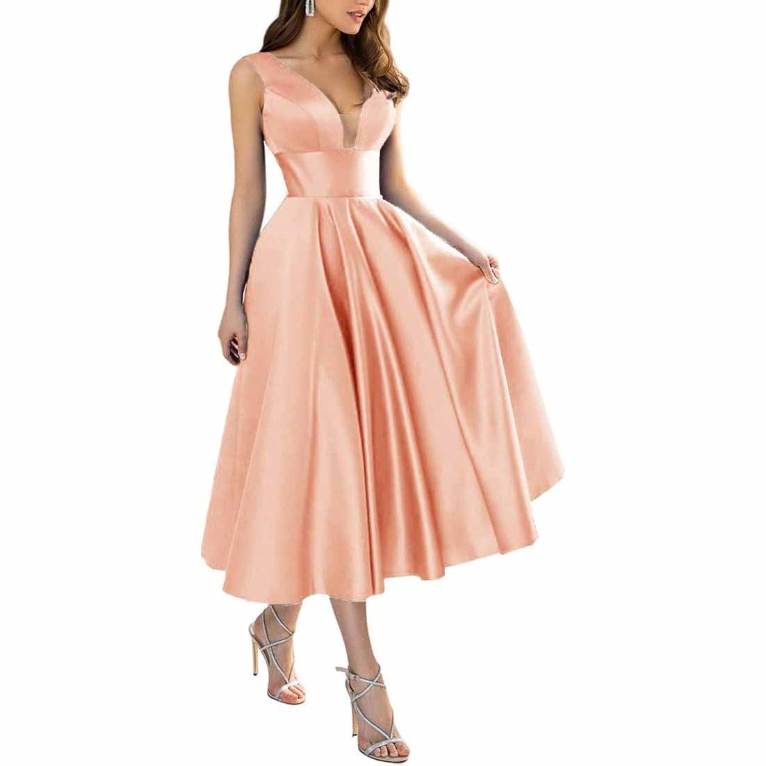 Women's Satin Bridesmaid Dresses A-line Tea Length Formal Evening Dress with Pockets