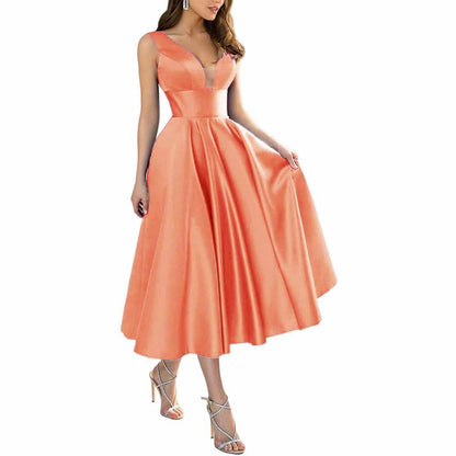 Women's Satin Bridesmaid Dresses A-line Tea Length Formal Evening Dress with Pockets