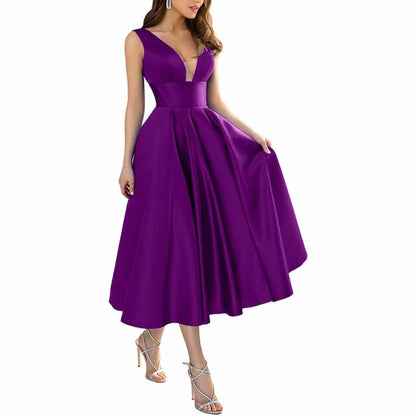Women's Satin Bridesmaid Dresses A-line Tea Length Formal Evening Dress with Pockets