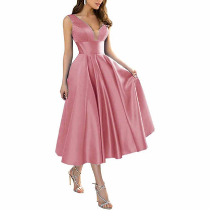 Women's Satin Bridesmaid Dresses A-line Tea Length Formal Evening Dress with Pockets