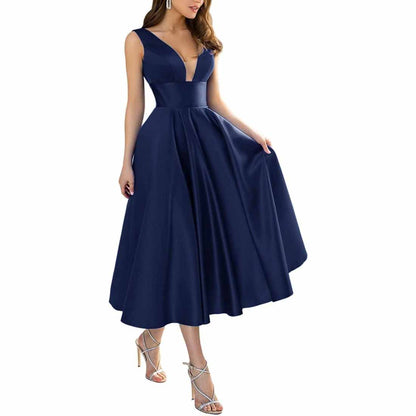 Women's Satin Bridesmaid Dresses A-line Tea Length Formal Evening Dress with Pockets