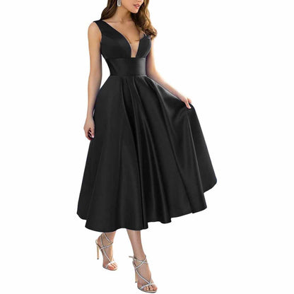 Women's Satin Bridesmaid Dresses A-line Tea Length Formal Evening Dress with Pockets