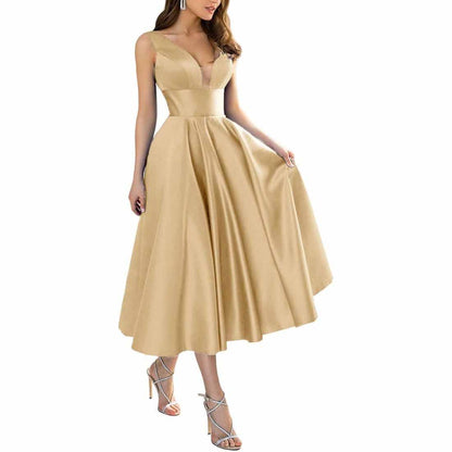 Women's Satin Bridesmaid Dresses A-line Tea Length Formal Evening Dress with Pockets