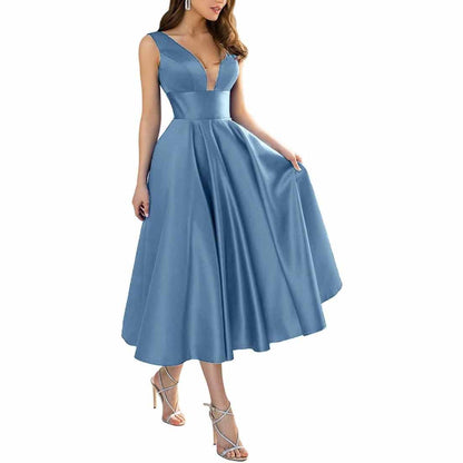 Women's Satin Bridesmaid Dresses A-line Tea Length Formal Evening Dress with Pockets