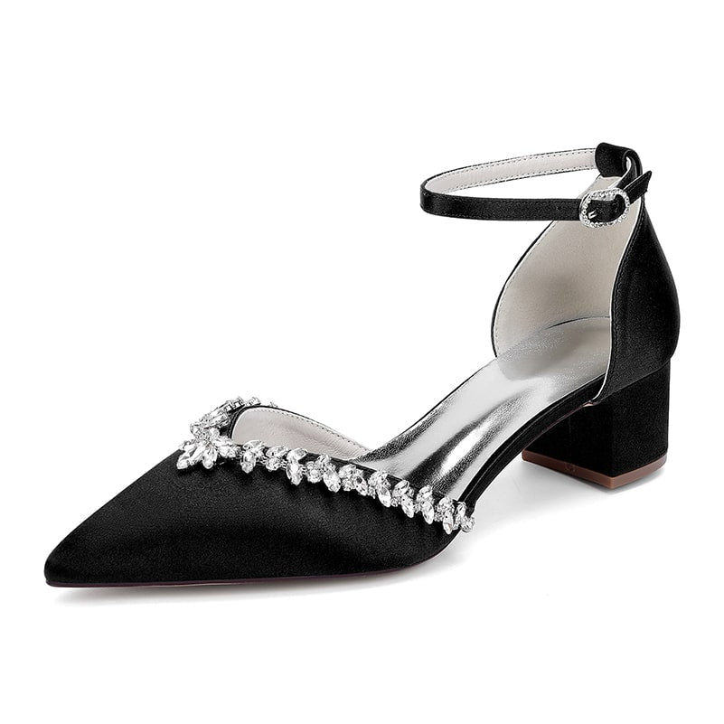 Elegant black wedding ankle strap heels for bride with rhinestone embellishments and block heel