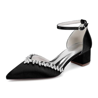 Elegant black wedding ankle strap heels for bride with rhinestone embellishments and block heel