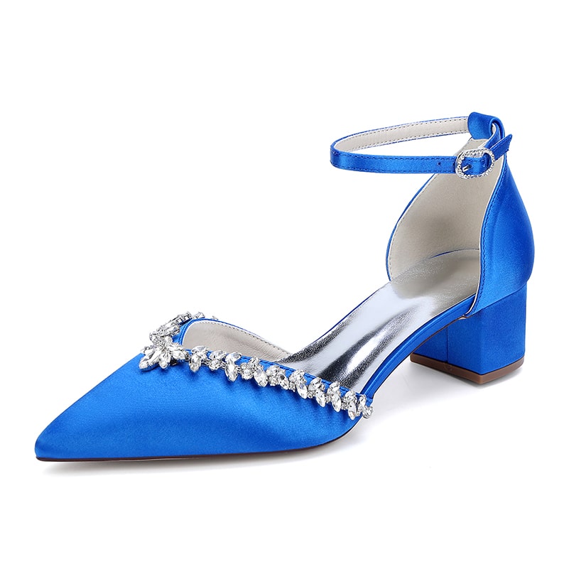 Elegant blue wedding ankle strap heels for bride with jeweled embellishments and block heel design