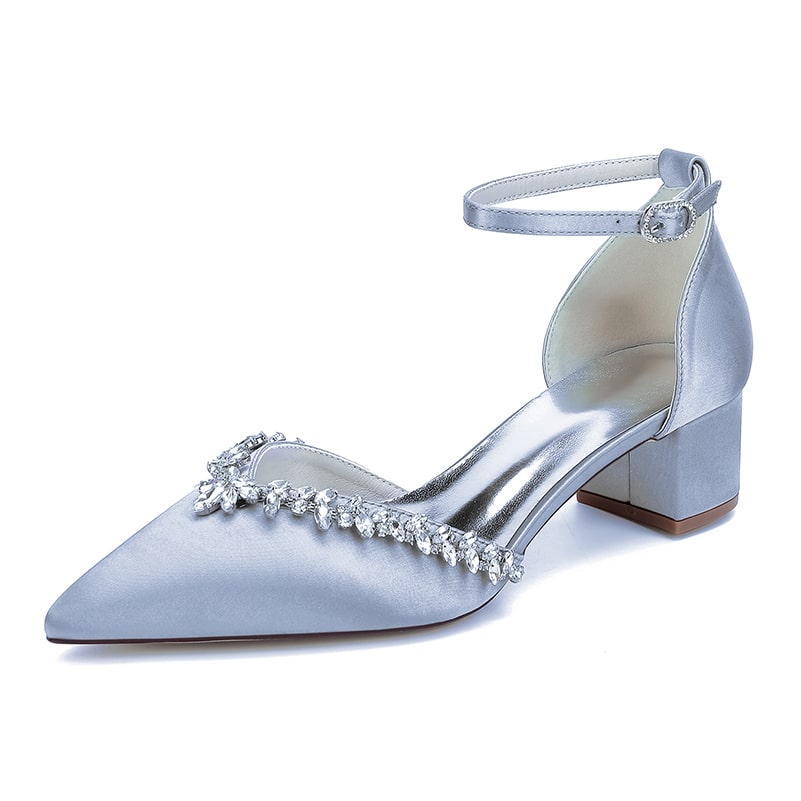 Elegant silver wedding ankle strap heels for bride with decorative embellishments and block heel
