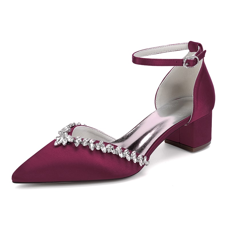 Burgundy wedding ankle strap heels for bride with elegant embellishments and a comfortable block heel
