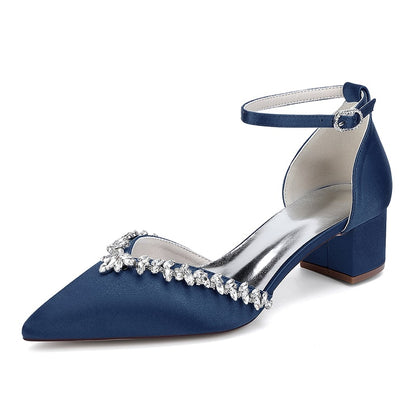 Elegant navy blue wedding ankle strap heels for bride with rhinestone embellishment and block heel