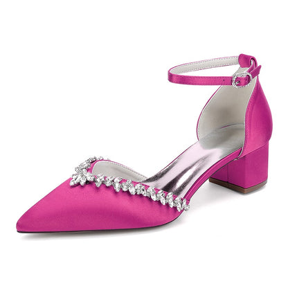 Pink satin wedding ankle strap heels for bride with elegant bejeweled design and block heel