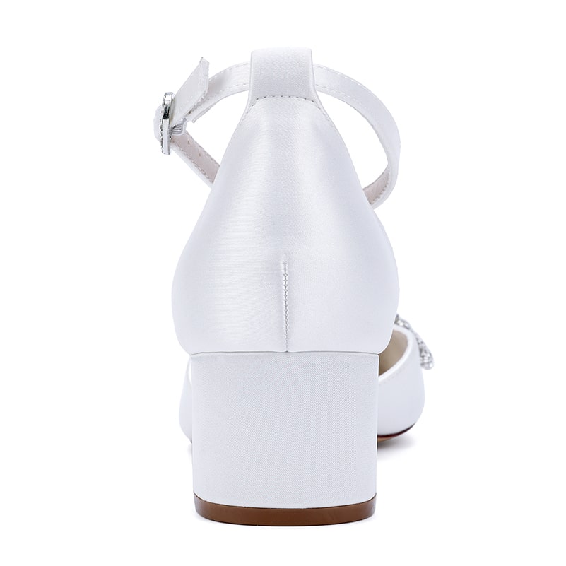 Elegant white wedding ankle strap heels for bride with a block heel design