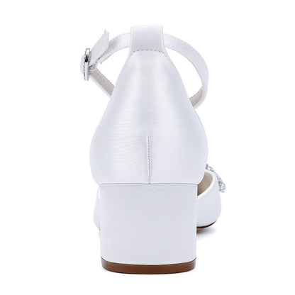 Elegant white wedding ankle strap heels for bride with a block heel design